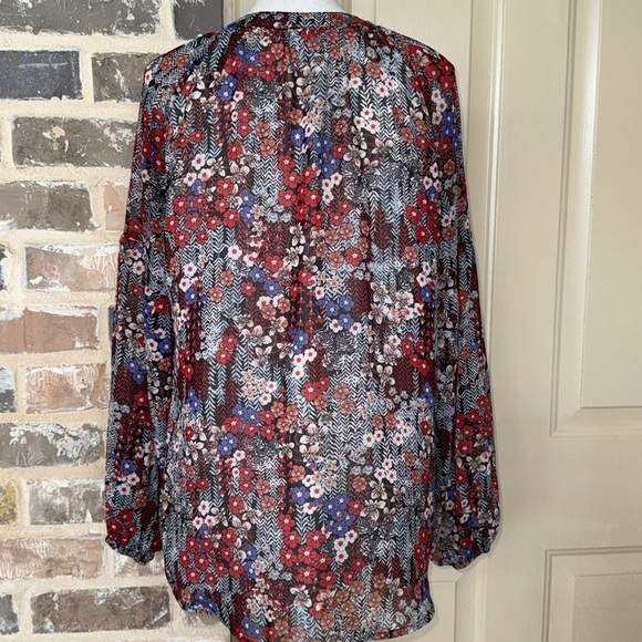 Casual Boho Sheer Floral Print V Neck Long Sleeve Tunic Lined Red and Blue - Picture 4 of 12